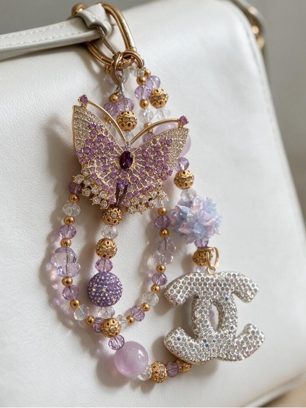 Lavender Beaded Bag Charm with Rhinestone Butterfly & Gold Tone Clips